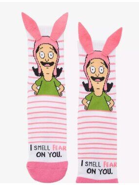 Bobs Burgers Louise Crew Socks With 3D Bunny Ears & "I Smell Fear" Text Design F
